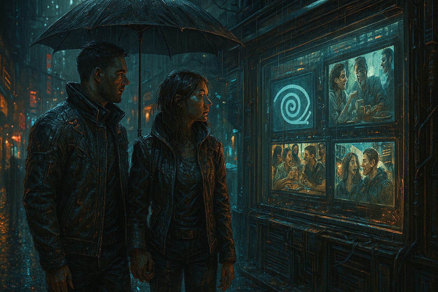 A cyberpunk city street in heavy rain. A couple walks under an umbrella, holding hands. The woman looks away toward a glowing shop window filled with televisions. One screen displays the Eyeball sigil, while the others show various lifestyle images. Neon reflections shimmer in puddles across the dystopian street. A cyberpunk city street in heavy rain. A couple walks under an umbrella, holding hands. The woman looks away toward a glowing shop window filled with televisions. One screen displays the Eyeball sigil, while the others show various lifestyle images. Neon reflections shimmer in puddles across the dystopian street.