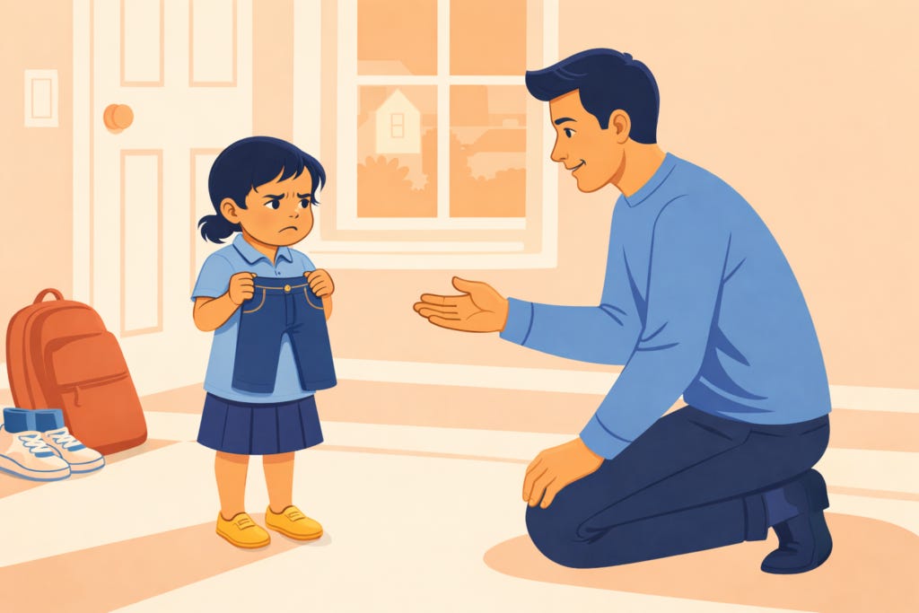 Father kneeling to calmly talk with his upset young daughter who is holding her school pants near the front door, with morning sunlight coming through a window.