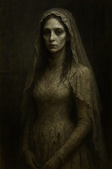 a portrait of Sasha Ivliskova in her bridal outfit, using her defined visual palette: expressive, curious eyes; gentle, thoughtful expression; tousled hair without feral aggression; storm‑gray and blood‑rose tones; worn but elegant fabrics; warm torchlight ambience. She wears a withering lace bridal gown, veiled, serene, emotionally vivid, non-threatening, no reference to any actress
