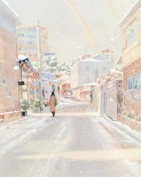 A collage of seven soft, dreamlike paintings by Lee Kyutae depicting quiet streets, blue skies, a reflective pond, a long bookshop, a circular street mirror, a riverside path, and a busy city scene, all rendered in pale greens, blues, and whites.