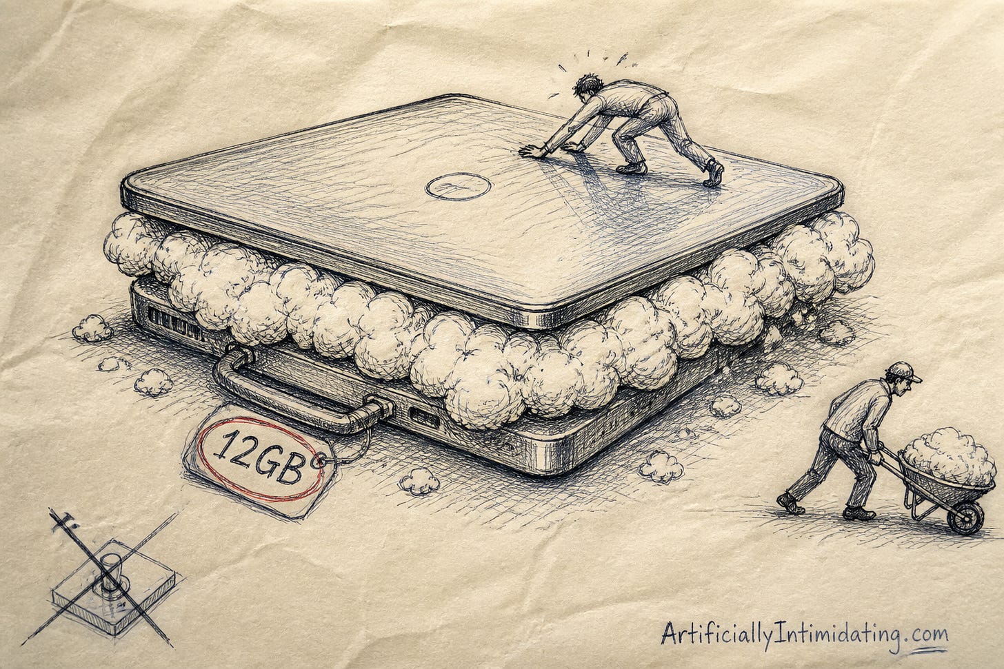 A laptop cut open like a suitcase, stuffed with a giant fluffy cloud, a tiny human sitting on the lid trying to shut it, a luggage tag reading 12GB circled in red.