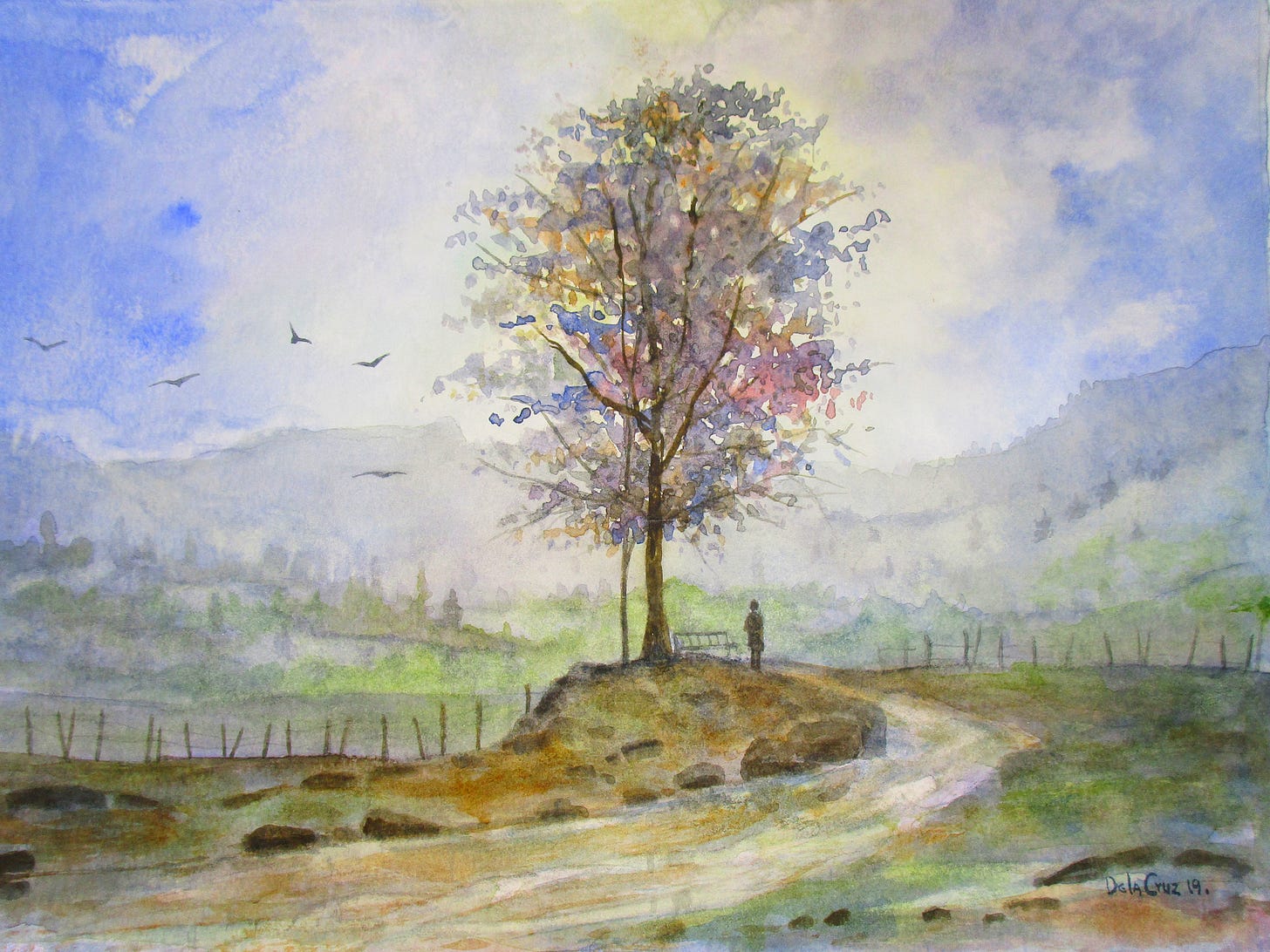 art of a single colorful tree standing in a field with a road leading 'nowhere'