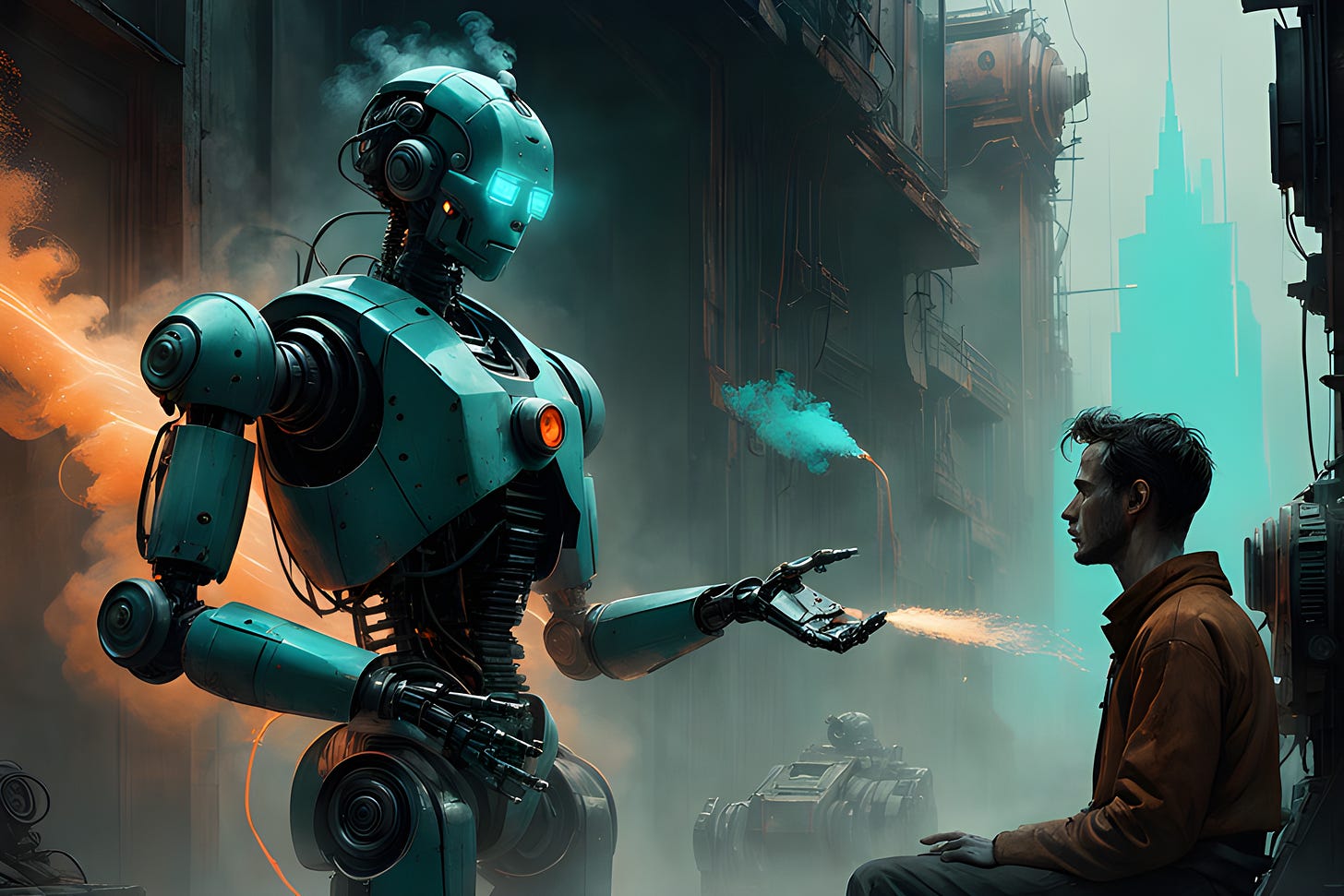Illustration of a human having a conversation with an AI robot Illustration of a human having a conversation with an AI robot