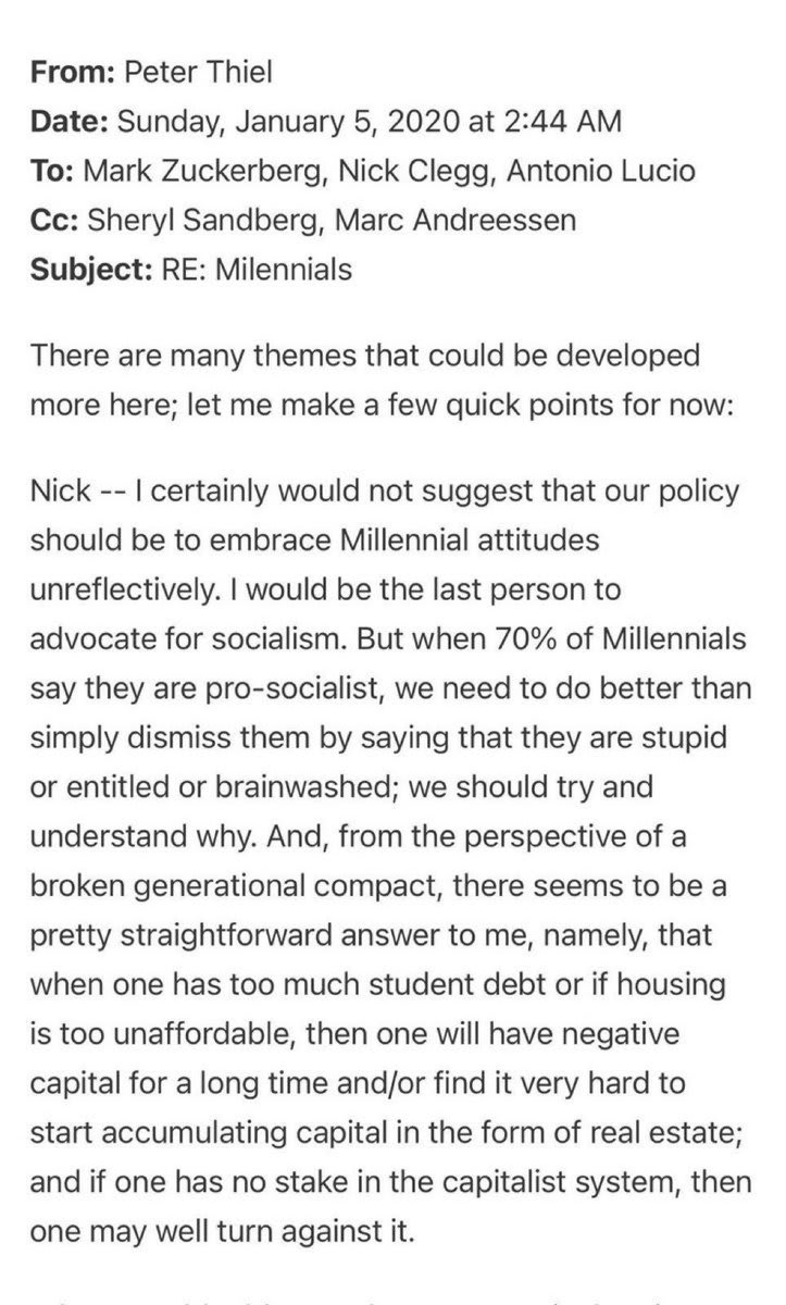 Screenshot of an email from Peter Thiel dated Sunday January 5 2020 at 244 AM addressed to Mark Zuckerberg Nick Clegg and Andreessen with subject RE Millennials. The body discusses policy points related to millennial attitudes toward socialism student debt and housing affordability leading to lack of stake in capitalism. Text is clearly readable in black on white background with standard email formatting including From To Date and Subject lines.