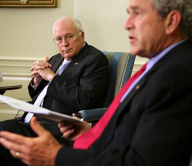 DOUG MILLS / NEW YORK TIMES
                                President George W. Bush speaks to reporters in the Oval Office as Vice President Dick Cheney looks on, on June 20, 2007.