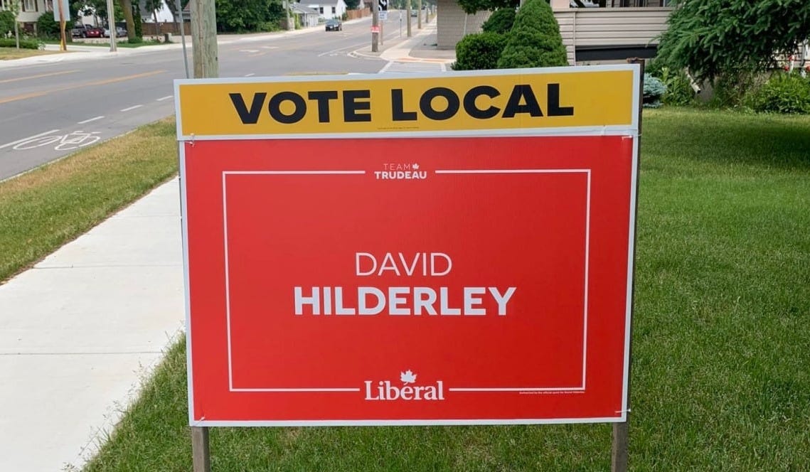 A Liberal campaign sign with slogan "Vote local" seen during the Oxford federal byelection. 