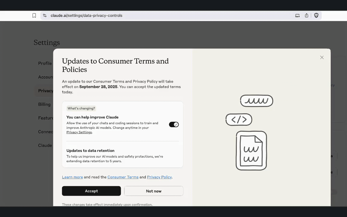 animation of how to update Claude data privacy settings