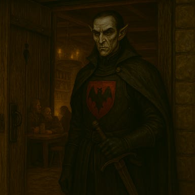 Rahadin stands in the doorway of the Blue Water Inn, wearing the livery of Castle Ravenloft. His angular elven features are cold and unreadable, with long dark hair pulled back and deep-set eyes scanning the room. He wears a high-collared black cloak embroidered with crimson thread in swirling patterns, and his armor bears the sigil of Ravenloft — a stylized bat-winged crest with thorned accents. The cloak is clasped with a silver brooch shaped like a bat. His curved elven blade rests at his hip, and his posture is composed, menacing, and regal. Behind him, the warm interior of the inn glows with firelight and candlelight, filled with startled patrons and rustic wooden beams. The atmosphere is tense, hushed, and charged with dread.