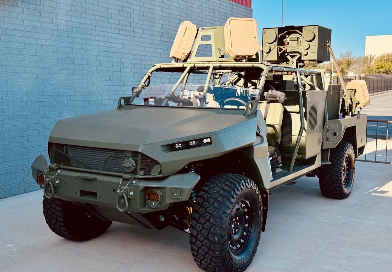 A U.S. Army M1301 Infantry Squad Vehicle equipped with a Laser Weapon System at Fort Sill’s annual Fires Symposium in April 2025. (US Army photo) A U.S. Army M1301 Infantry Squad Vehicle equipped with a Laser Weapon System at Fort Sill’s annual Fires Symposium in April 2025. (US Army photo)