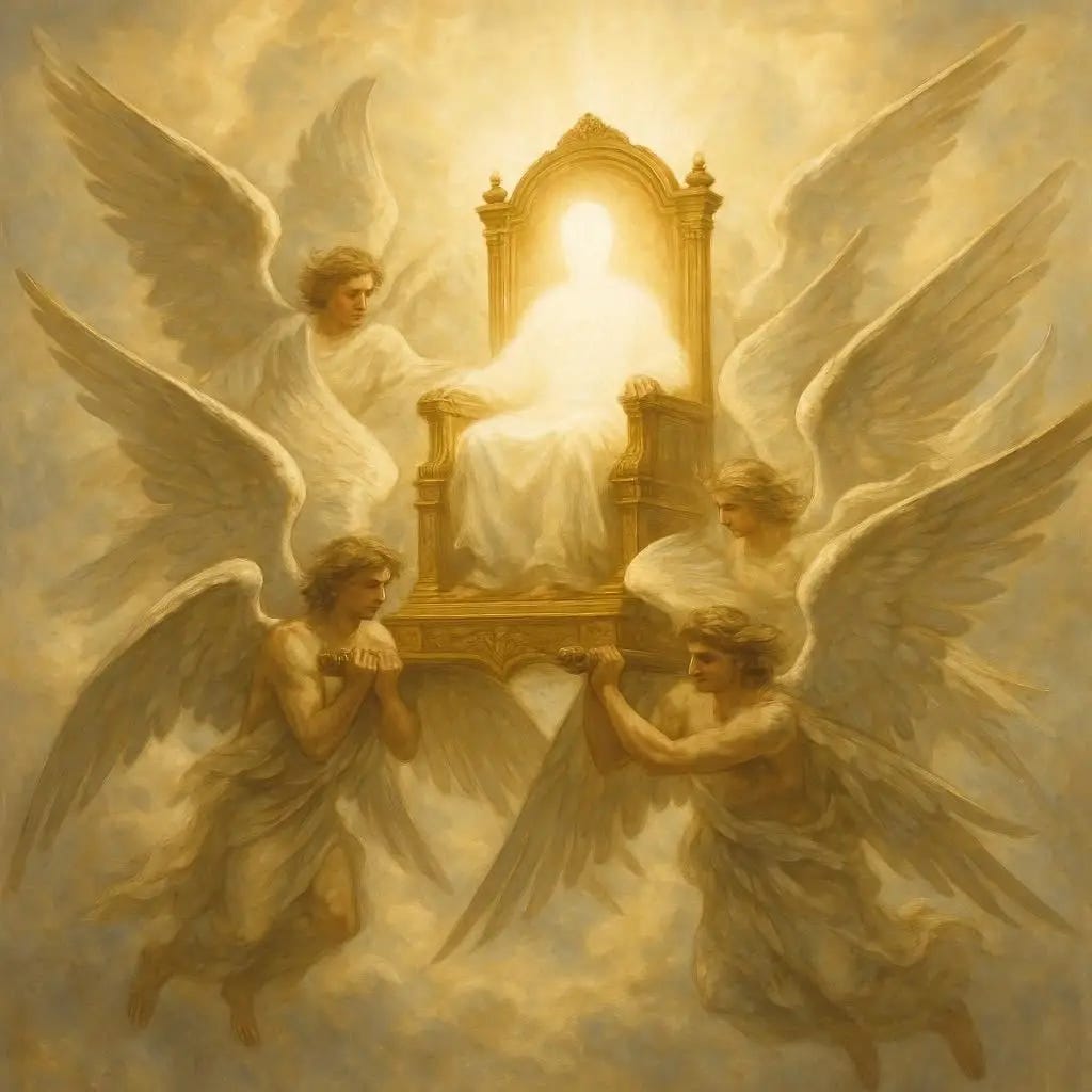 a throne being carried by four seraphim and a silhouette of bright light sits on the throne. realistic. heavenly.