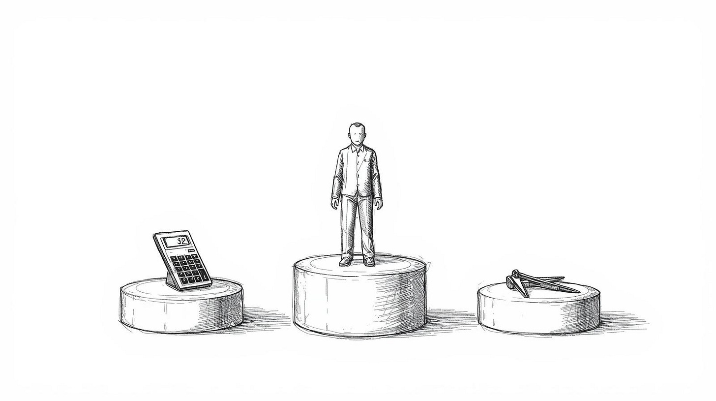 Single figure touching three specialist pedestals as they begin to fall inward Single figure touching three specialist pedestals as they begin to fall inward