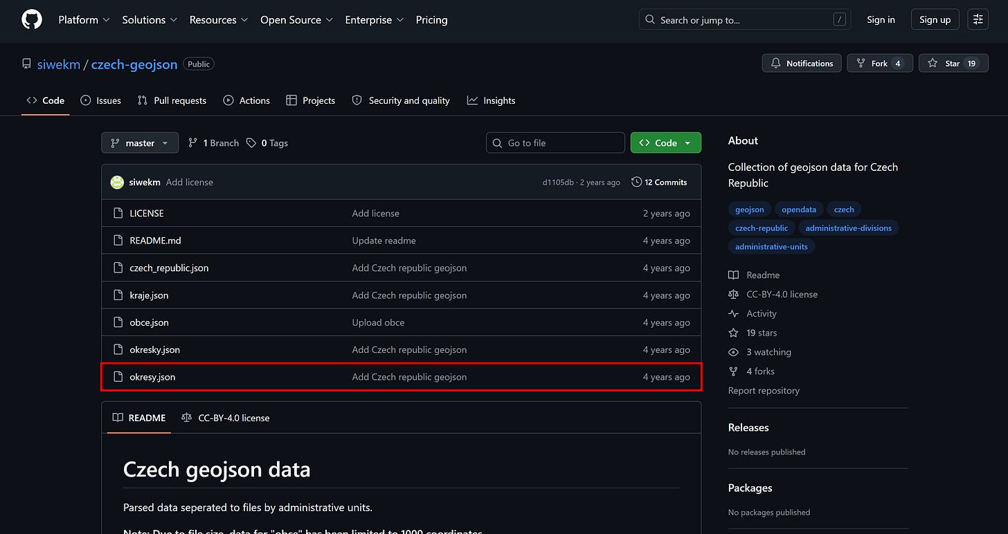 Downloading the “okresy.json” file from the siwekm/czech-geojson repository