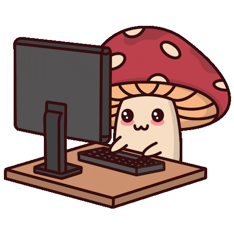 Cute cartoon mushroom character sitting at a computer desk. Cute cartoon mushroom character sitting at a computer desk.