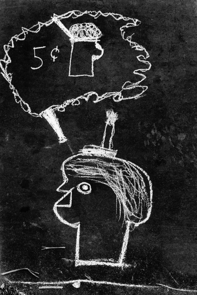 Black and white photograph of a chalk drawing of a person with a thought bubble containing a drink labeled 5¢