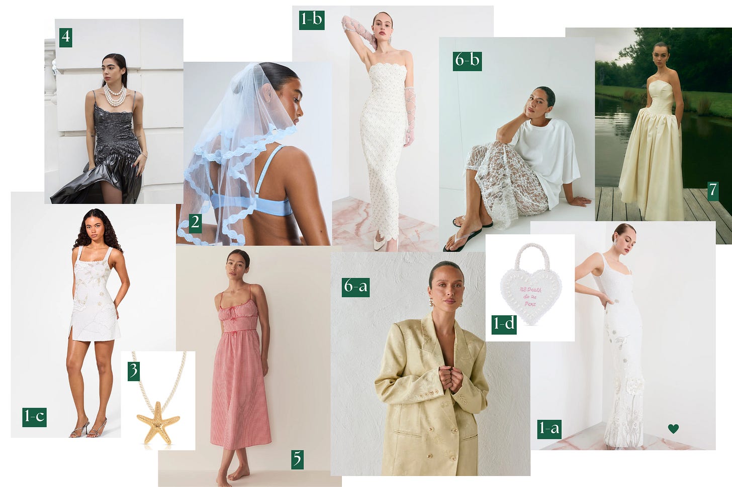 A collage of curated wedding fashion and bridal accessories, featuring white and ivory bridal gowns, veils with lace trim, a pink gingham sundress, a statement starfish necklace, a metallic evening dress, a beaded heart-shaped handbag with “Til Death Do Us Part” written on it, a pistachio jacquard blazer, and an elegant lace midi skirt. Fashion-forward wedding style and guest outfit ideas for 2025. A collage of curated wedding fashion and bridal accessories, featuring white and ivory bridal gowns, veils with lace trim, a pink gingham sundress, a statement starfish necklace, a metallic evening dress, a beaded heart-shaped handbag with “Til Death Do Us Part” written on it, a pistachio jacquard blazer, and an elegant lace midi skirt. Fashion-forward wedding style and guest outfit ideas for 2025.