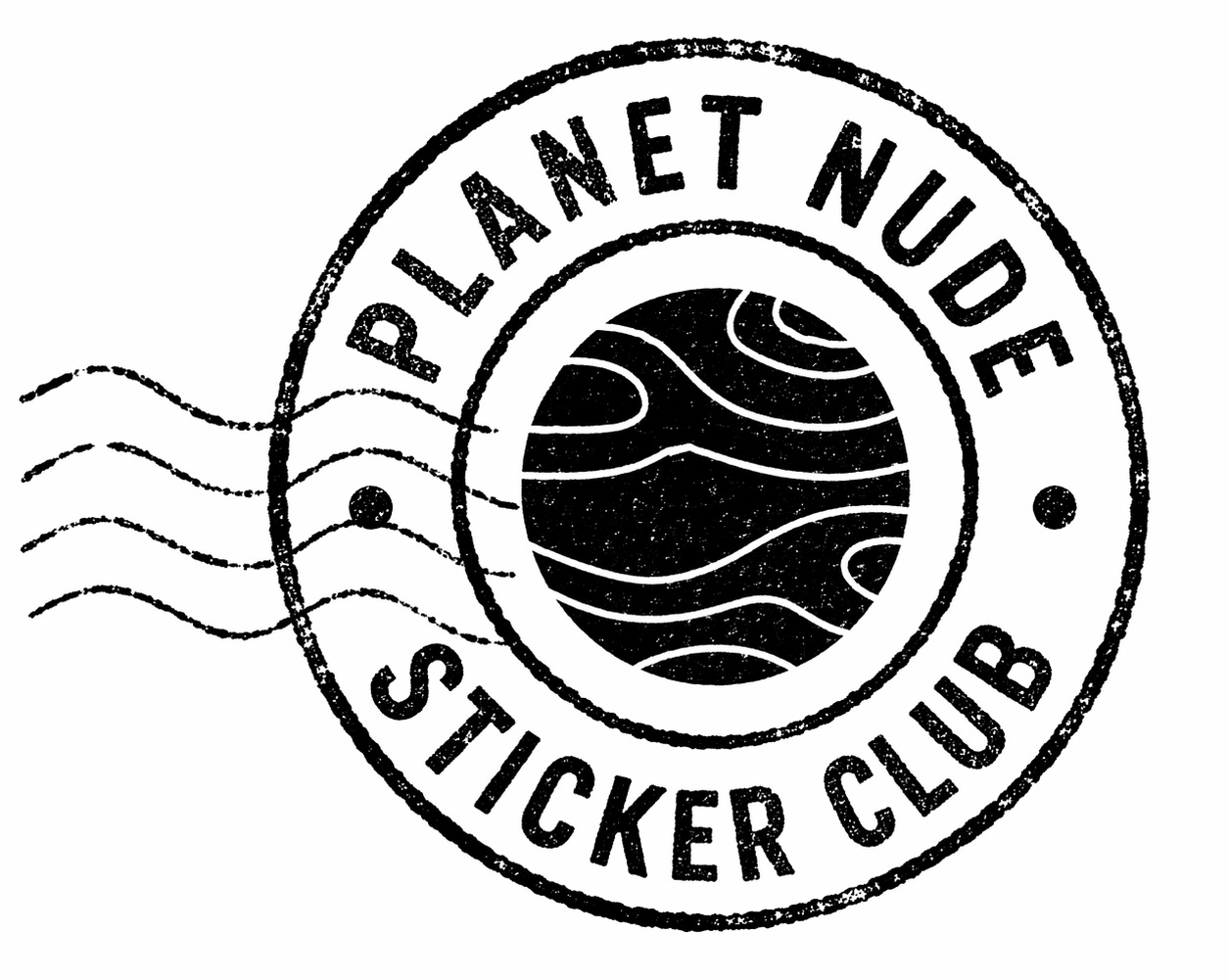 A circular black and white emblem stamp with a distressed texture reading 'PLANET NUDE' at the top and 'STICKER CLUB' at the bottom. The center features a planet with wavy horizontal bands, surrounded by wavy lines on the left side and small dots, giving it the appearance of a vintage postal stamp or official seal. A circular black and white emblem stamp with a distressed texture reading 'PLANET NUDE' at the top and 'STICKER CLUB' at the bottom. The center features a planet with wavy horizontal bands, surrounded by wavy lines on the left side and small dots, giving it the appearance of a vintage postal stamp or official seal.