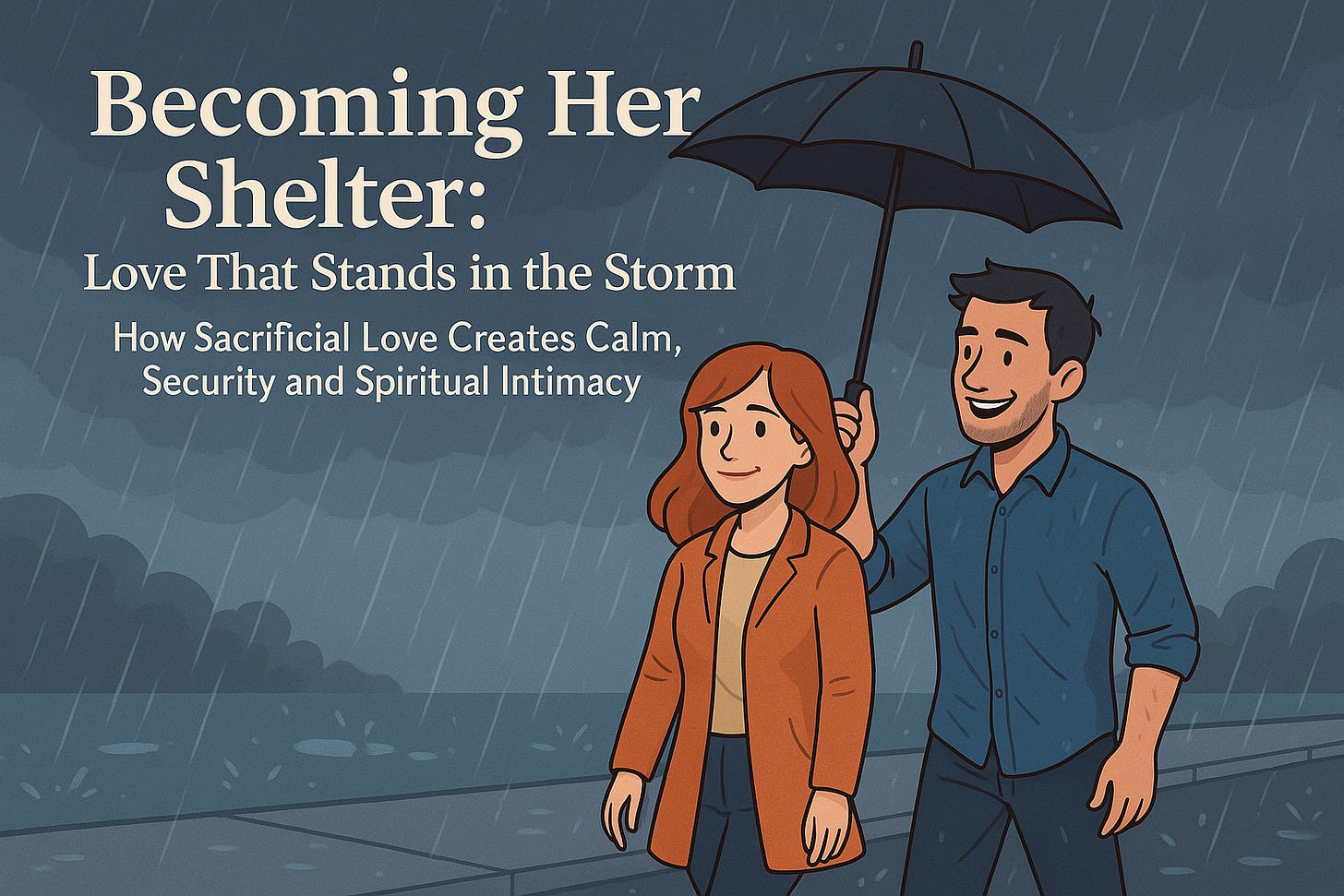 Man shielding a woman from the rain with an umbrella as they walk together. She stays dry and calm while he smiles in the storm. Title text reads: Becoming Her Shelter: Love That Stands in the Storm.