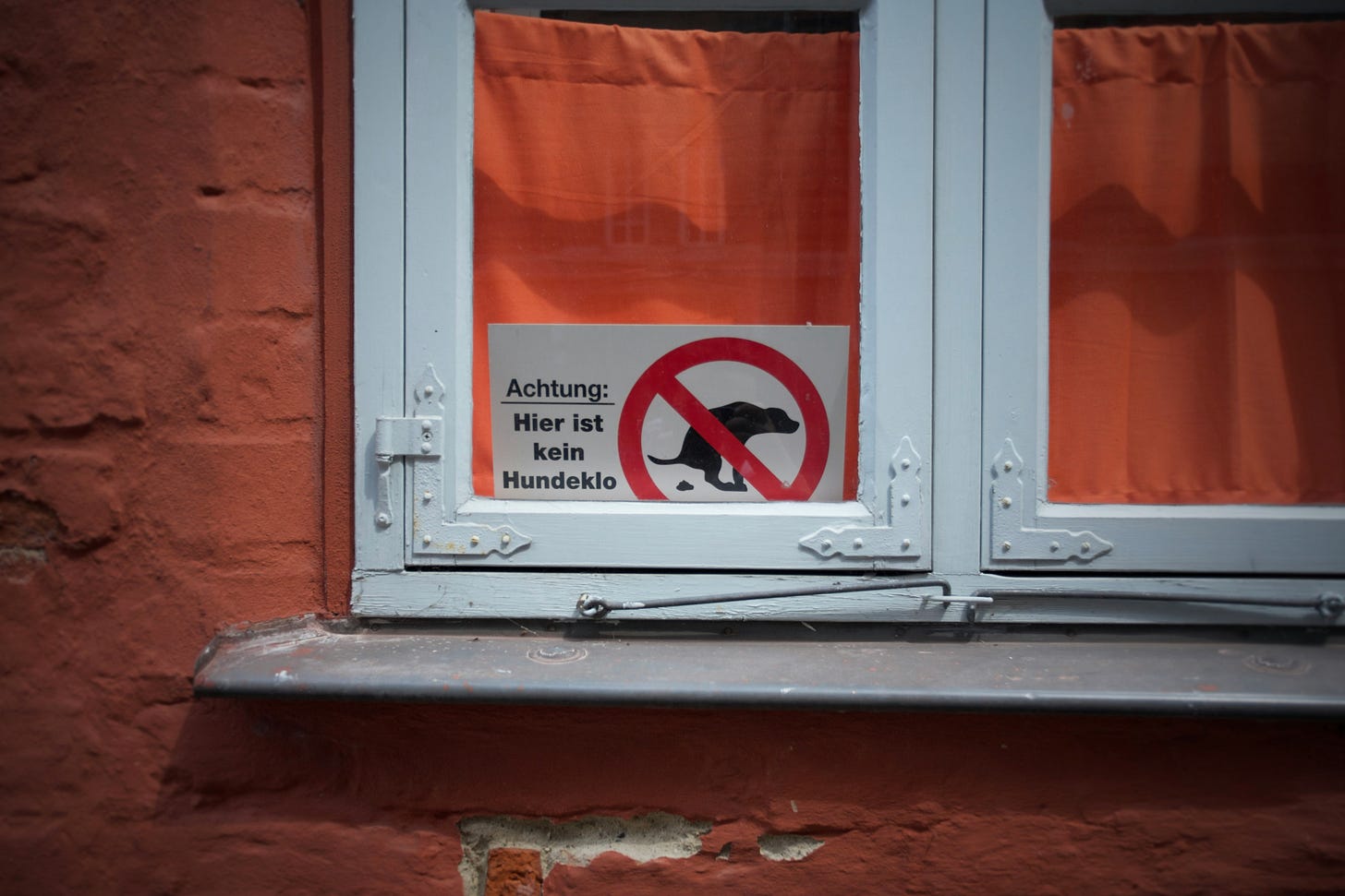 sign in window with an image of a dog pooping crossed out. words in german: do not let you dogs poop here. 