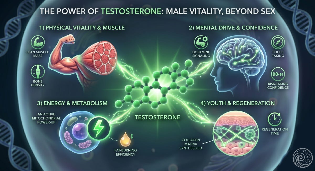 Comprehensive biohacking infographic titled The Power of Testosterone showing its four main functions: physical vitality, mental drive, mitochondrial energy metabolism, and collagen skin youth.