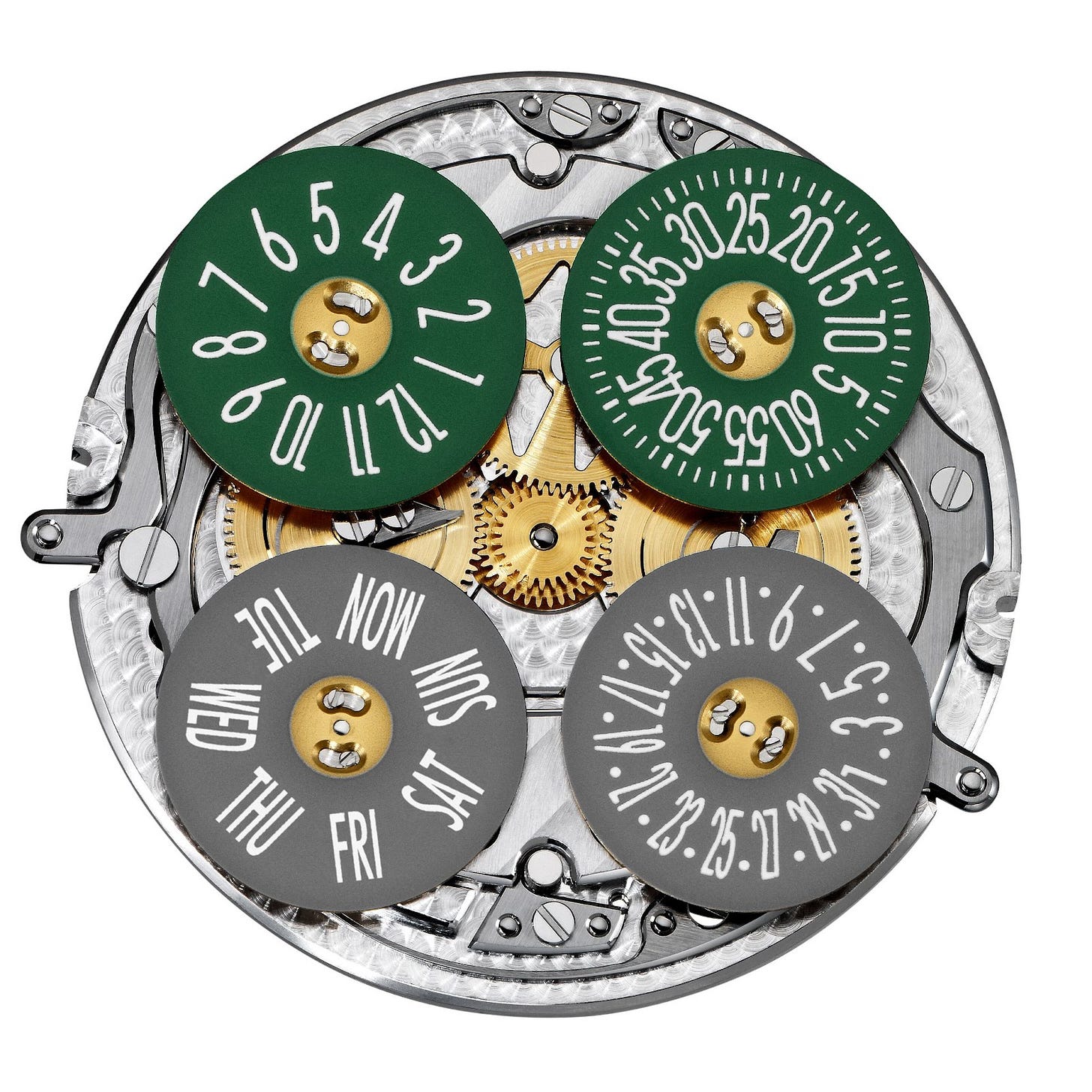 Components of the Calibre 2460 G4 movement, showcasing discs for hours, minutes, day, and date, designed for the Métiers d’Art series. Components of the Calibre 2460 G4 movement, showcasing discs for hours, minutes, day, and date, designed for the Métiers d’Art series.