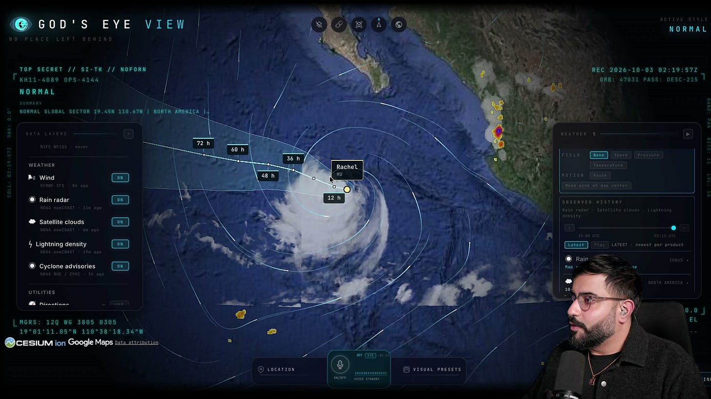 God’s Eye View displaying a cyclone track and uncertainty cone over the ocean, with wind lines and weather controls. God’s Eye View displaying a cyclone track and uncertainty cone over the ocean, with wind lines and weather controls.