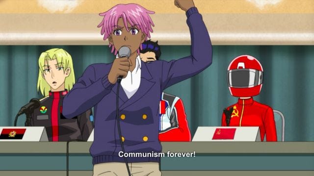 A teen raises his fist in the air and shouts "communism forever" the teen has pink hair.