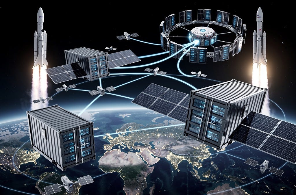 Conceptual image of a massive orbital datacenter orbiting Earth with solar arrays extended