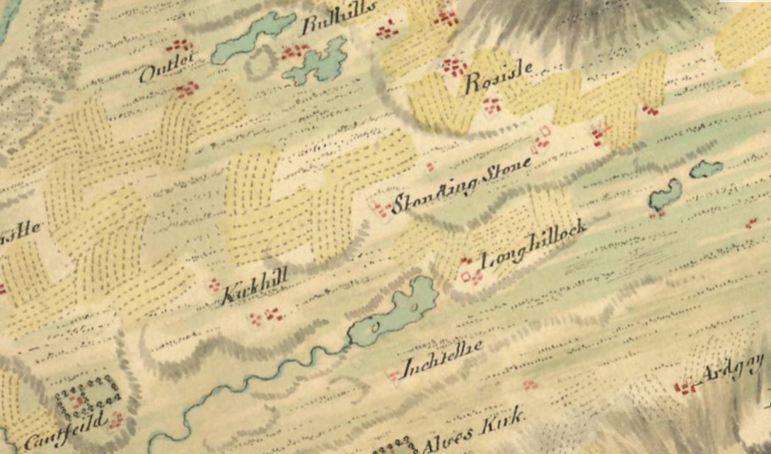 Roy’s 1750 map of the Roseisle area. Longhillock, Standing Stone and Kirkhill all appear as farm townships