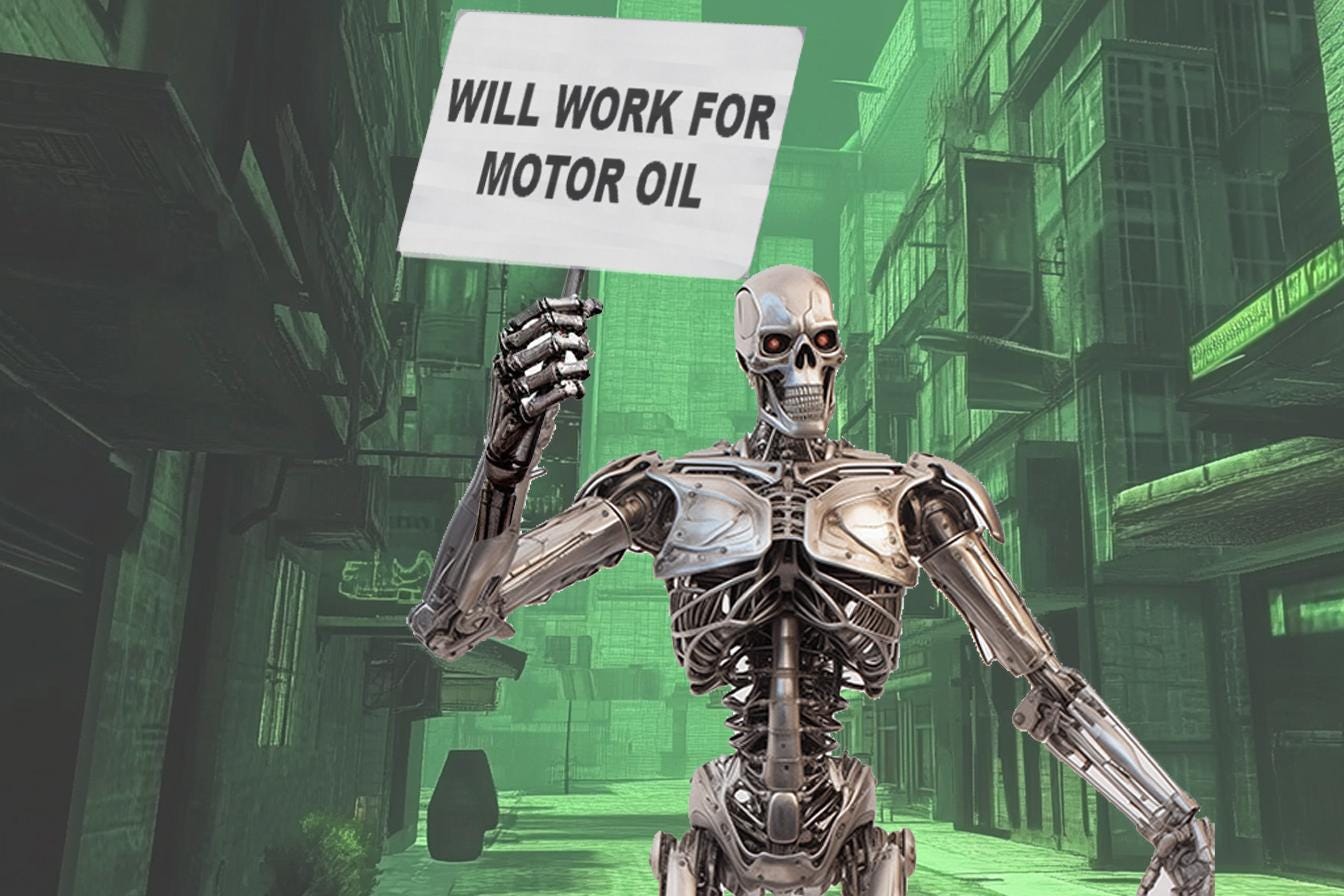 A robot holding a sign

Description automatically generated