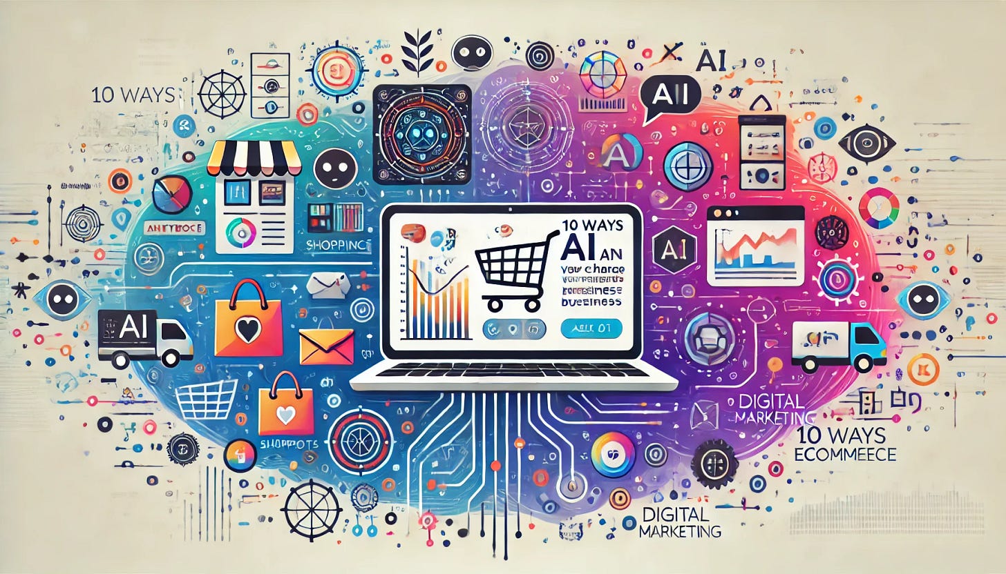 A wide banner illustration for a Medium article titled '10 Ways AI Can Supercharge Your Ecommerce Business Workflow'. The image features a sleek, modern workspace with a laptop displaying analytics and AI dashboards, surrounded by ecommerce icons like shopping carts, shipping boxes, chatbots, price tags, and digital marketing symbols. In the background, abstract AI graphics like neural networks and circuit patterns subtly blend into the design. The color palette is vibrant but professional, with a tech-savvy and innovative vibe.