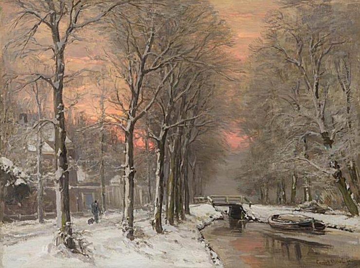'Winterlandschap met huizen langs een vaart bij avondstemming' - Olieverf op doek: Louis Apol