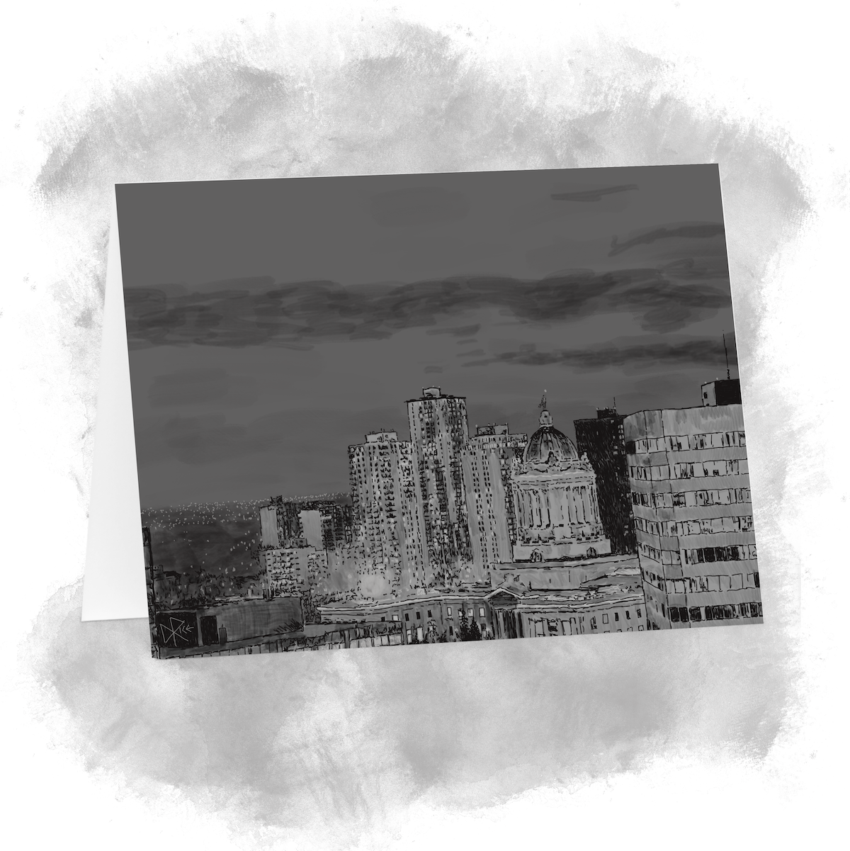 View of downtown Winnipeg, centering on the Manitoba Legislative Building. Sketch art by Don Rice. View of downtown Winnipeg, centering on the Manitoba Legislative Building. Sketch art by Don Rice.