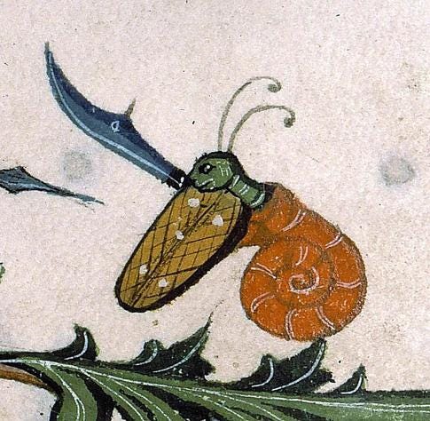 Warrior snail. Pontifical of Guillaume Durand, Avignon, before 1390. Paris, Bibliothèque Sainte-Geneviève, ms. 143, fol. 179v.
#medieval #MedievalArt