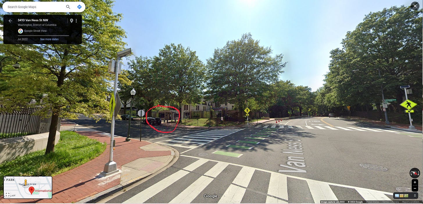 Google Street View image of the Israeli Embassy from the corner where International Drive rejoins Van Ness Street