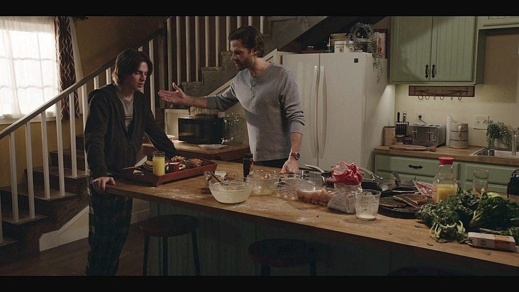 Walker gay Augie with Jared Padalecki in kitchen on set. Walker gay Augie with Jared Padalecki in kitchen on set.