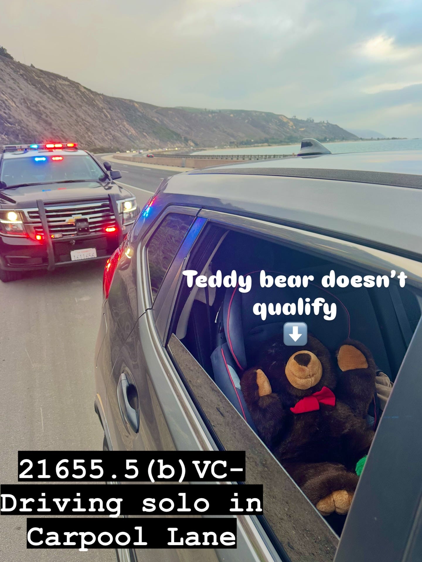 May be an image of car, road and text that says "1511556 Teddy bear doesn't qualify 21655.5 21655.5(b)VC- 5 (b) VC- Driving solo in Carpool Lane"