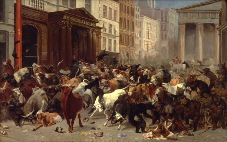 A stampede of bulls and bears in front of the New York Stock Exchange on Broad Street A stampede of bulls and bears in front of the New York Stock Exchange on Broad Street