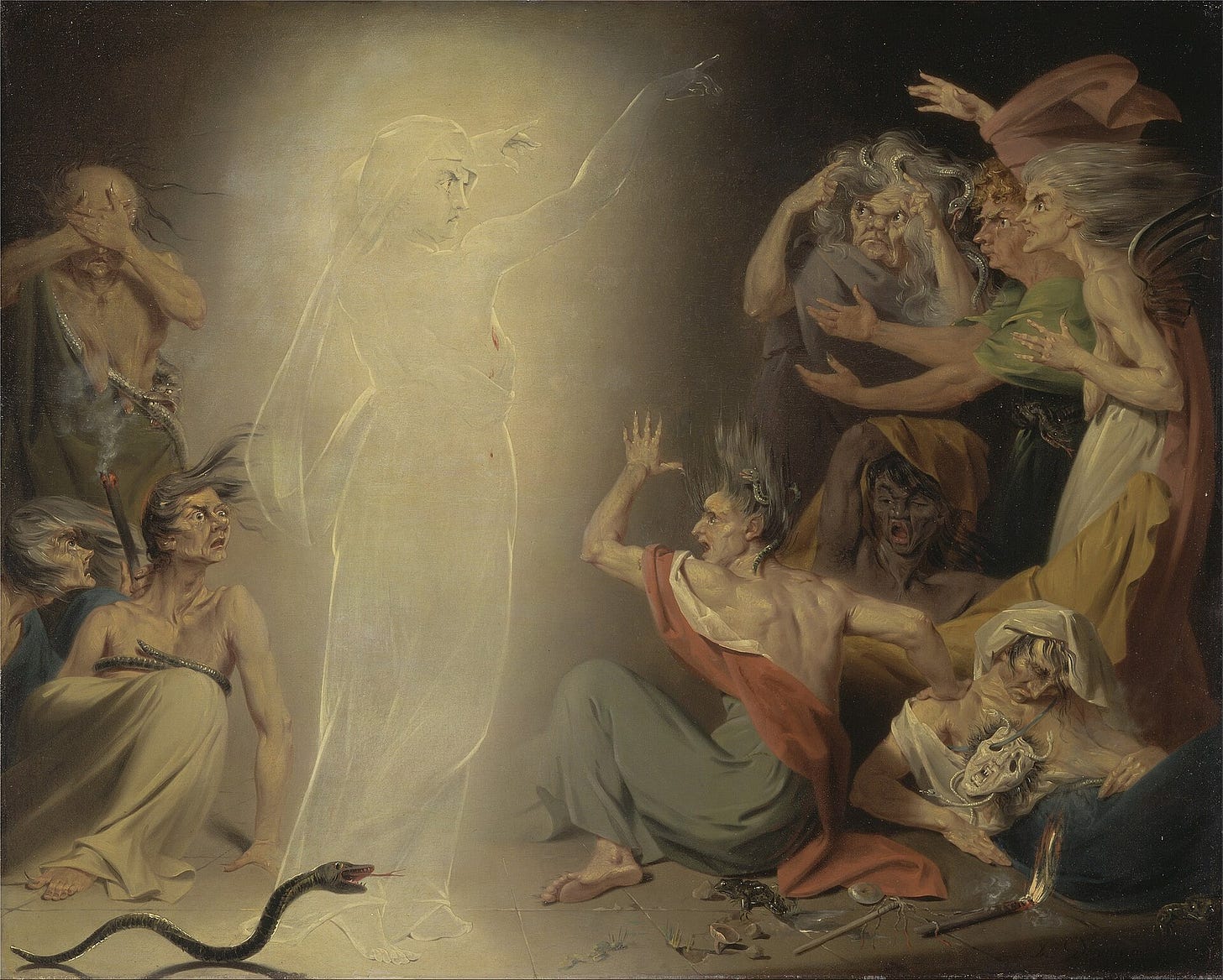 A pale ghostly woman in white, one arm stretched out, stands among startled figures with snakes in their hair who wake on the floor of a dark temple.