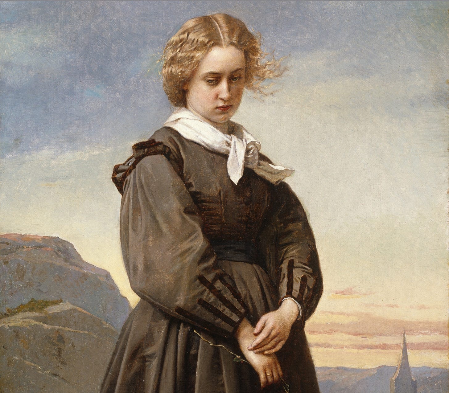 A lady looking solemnly down because of love's melancholy. A lady looking solemnly down because of love's melancholy.