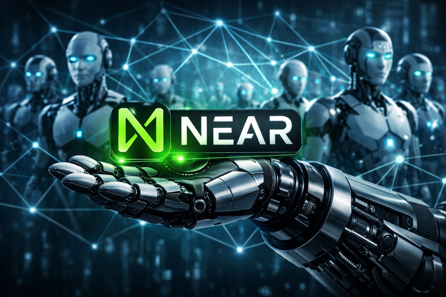 Futuristic illustration of a robotic hand holding the NEAR Protocol logo in green and black, with a network of connected AI robots in the background representing an AI agent economy Futuristic illustration of a robotic hand holding the NEAR Protocol logo in green and black, with a network of connected AI robots in the background representing an AI agent economy
