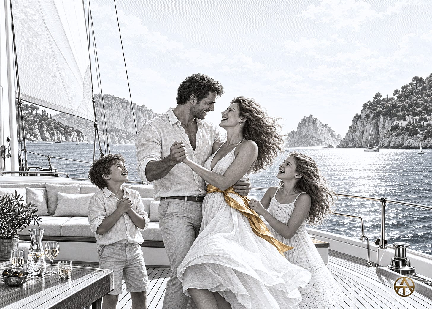 Parents dance on a sailing yacht as their children laugh beside them; a gold sash catches the breeze against a black-and-white Mediterranean seascape.