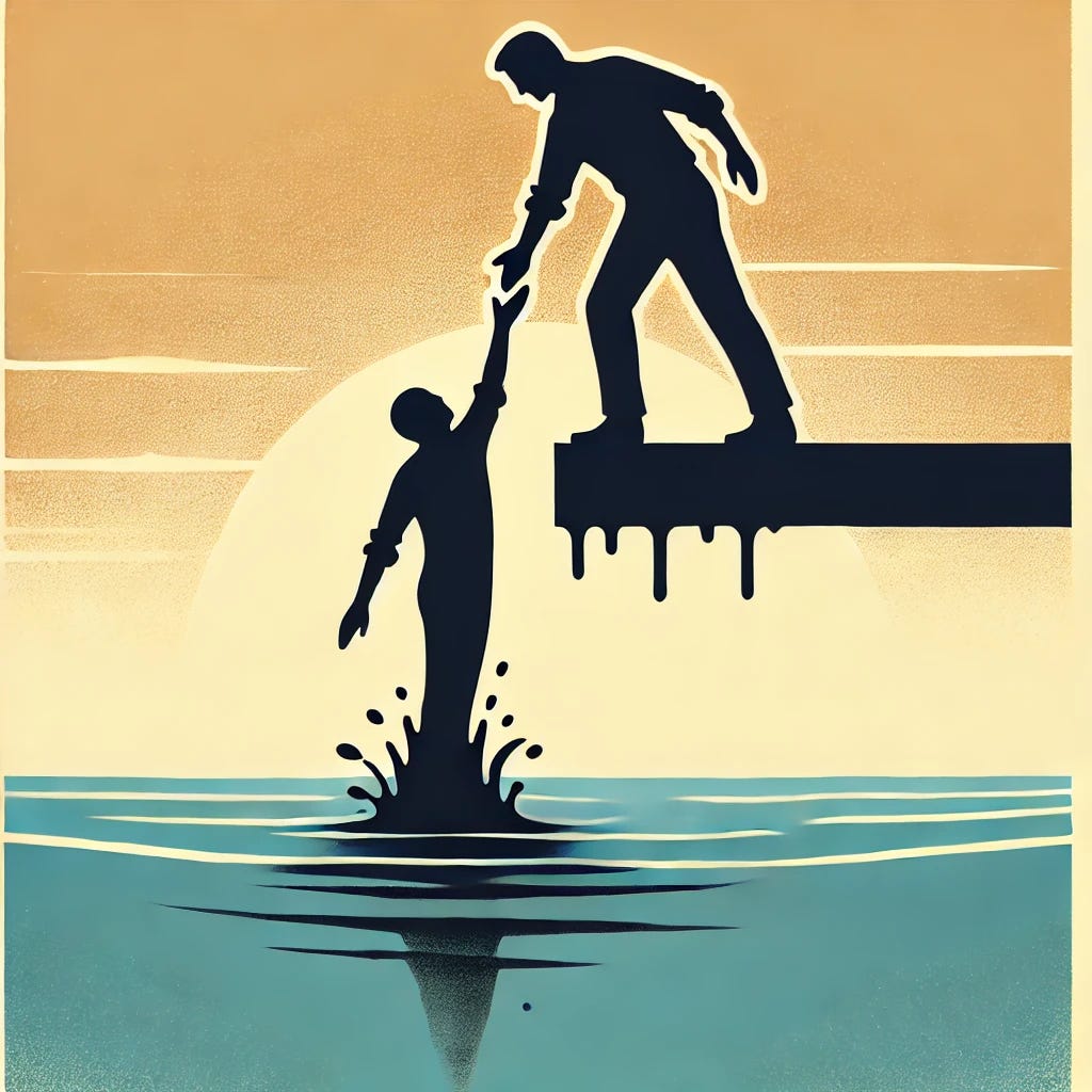 A stylized, minimalist illustration inspired by the attached image, depicting one person standing on a higher platform extending a hand to help another person rise. This time, the lower figure is emerging from polluted, dirty water, symbolizing the struggle against environmental hazards. The background is simple yet powerful, with a contrast between the murky water below and a cleaner, clearer sky above, reinforcing the theme of lifting people out of contamination. The color scheme is bold and evocative, maintaining a clean and impactful design.