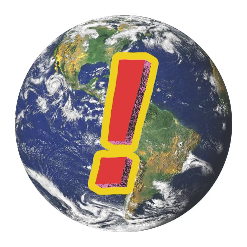 A large red exclamation mark with yellow highlights superimposed on an image of the planet.