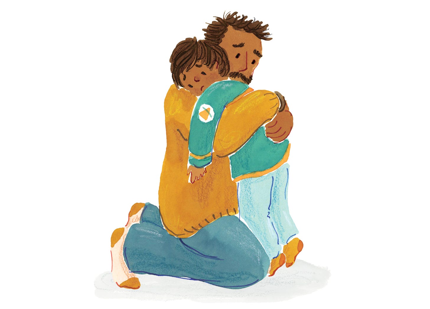 colour ink painting of father hugging his young son who is feeling sad