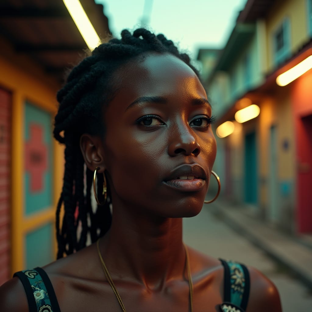 A tight close-up of a strong, resilient Jamaican woman, set against the vibrant, gritty backdrop of a bustling ghetto neighborhood, her face illuminated by a warm, cinematic glow, with subtle film grain and a slight vignette