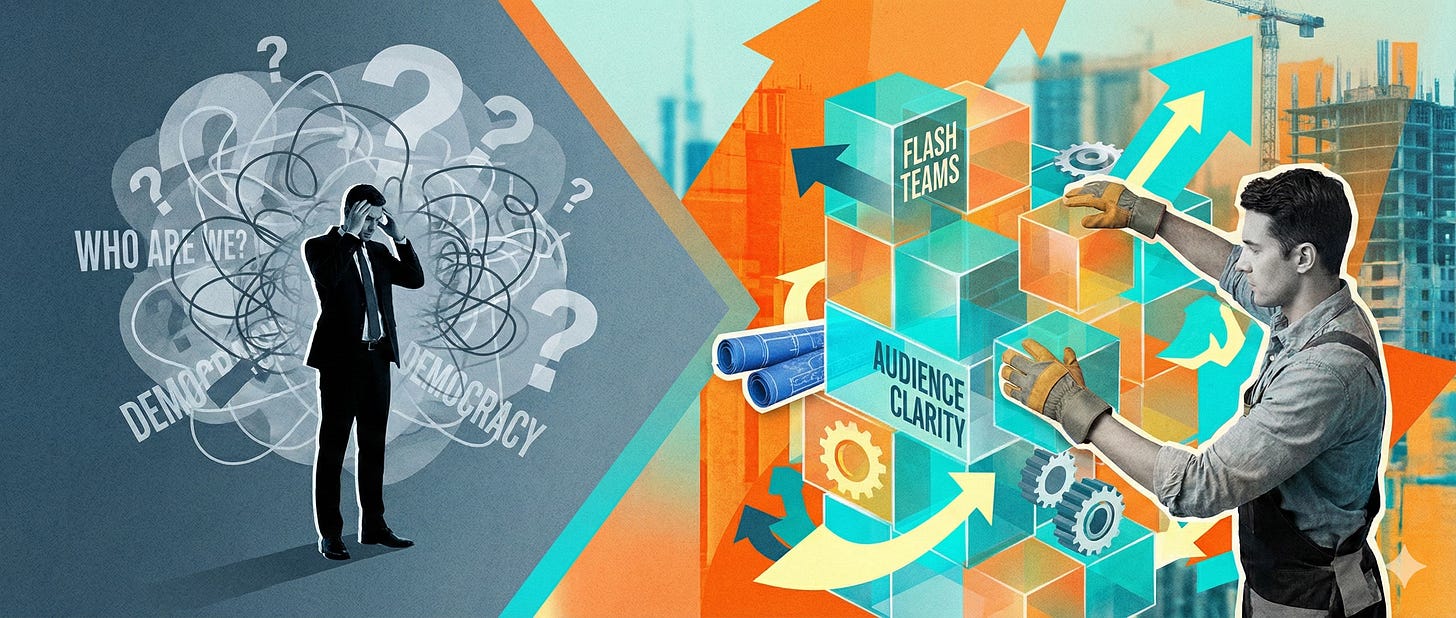 Editorial illustration showing a split screen. On the left, a man in a suit appears confused amidst abstract questions about democracy. On the right, a man actively builds a structure labeled "FLASH TEAMS" and "AUDIENCE CLARITY," representing strategic action and progress.