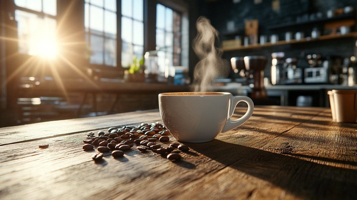 White ceramic coffee cup on rustic wooden table, steam rising, scattered coffee beans, morning light casting long shadows. Professional product photography, epic cinematic lighting