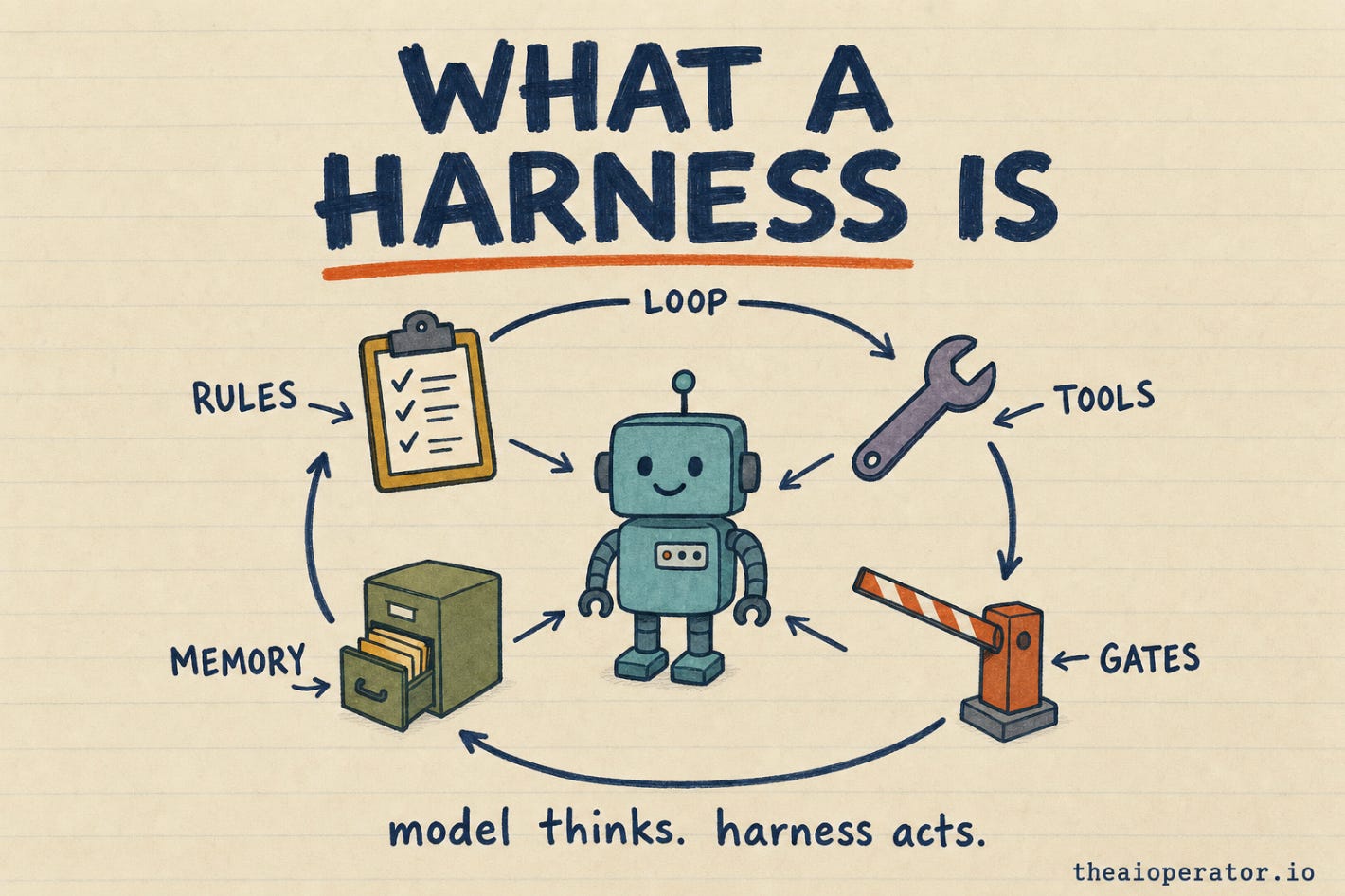 Sketchnote title card lettered WHAT A HARNESS IS, rust underline under HARNESS. A teal robot ringed by clipboard RULES, wrench TOOLS, filing cabinet MEMORY, barrier GATES, with a circular arrow labelled LOOP. Tagline: model thinks, harness acts. Sketchnote title card lettered WHAT A HARNESS IS, rust underline under HARNESS. A teal robot ringed by clipboard RULES, wrench TOOLS, filing cabinet MEMORY, barrier GATES, with a circular arrow labelled LOOP. Tagline: model thinks, harness acts.