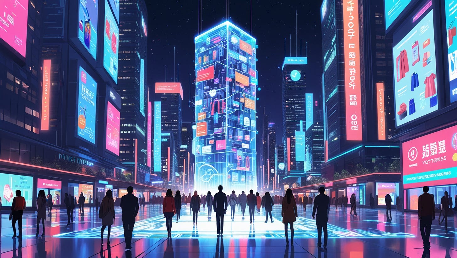 Futuristic city scene with personalized holographic ads