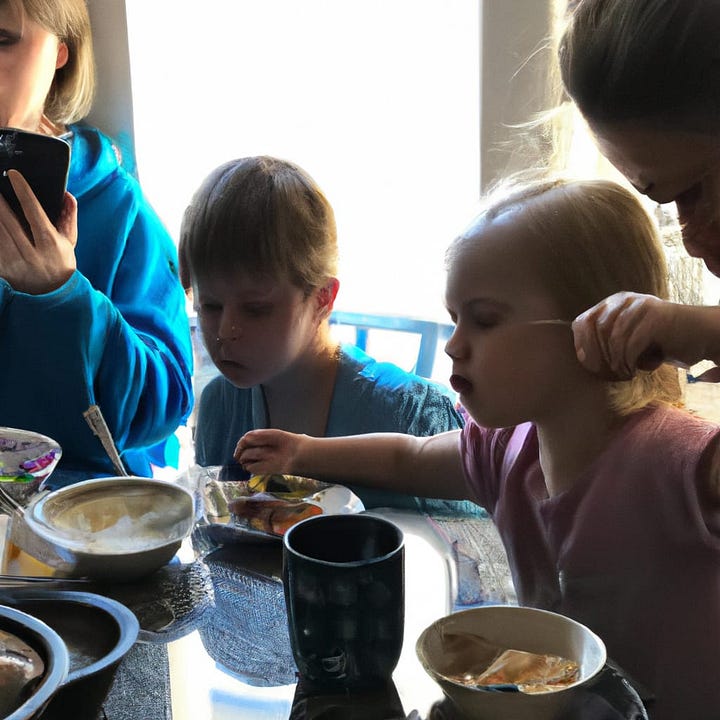 DALL-E 2 vs. GPT Image 2 candid photos of a family eating breakfast in a small kitchen.